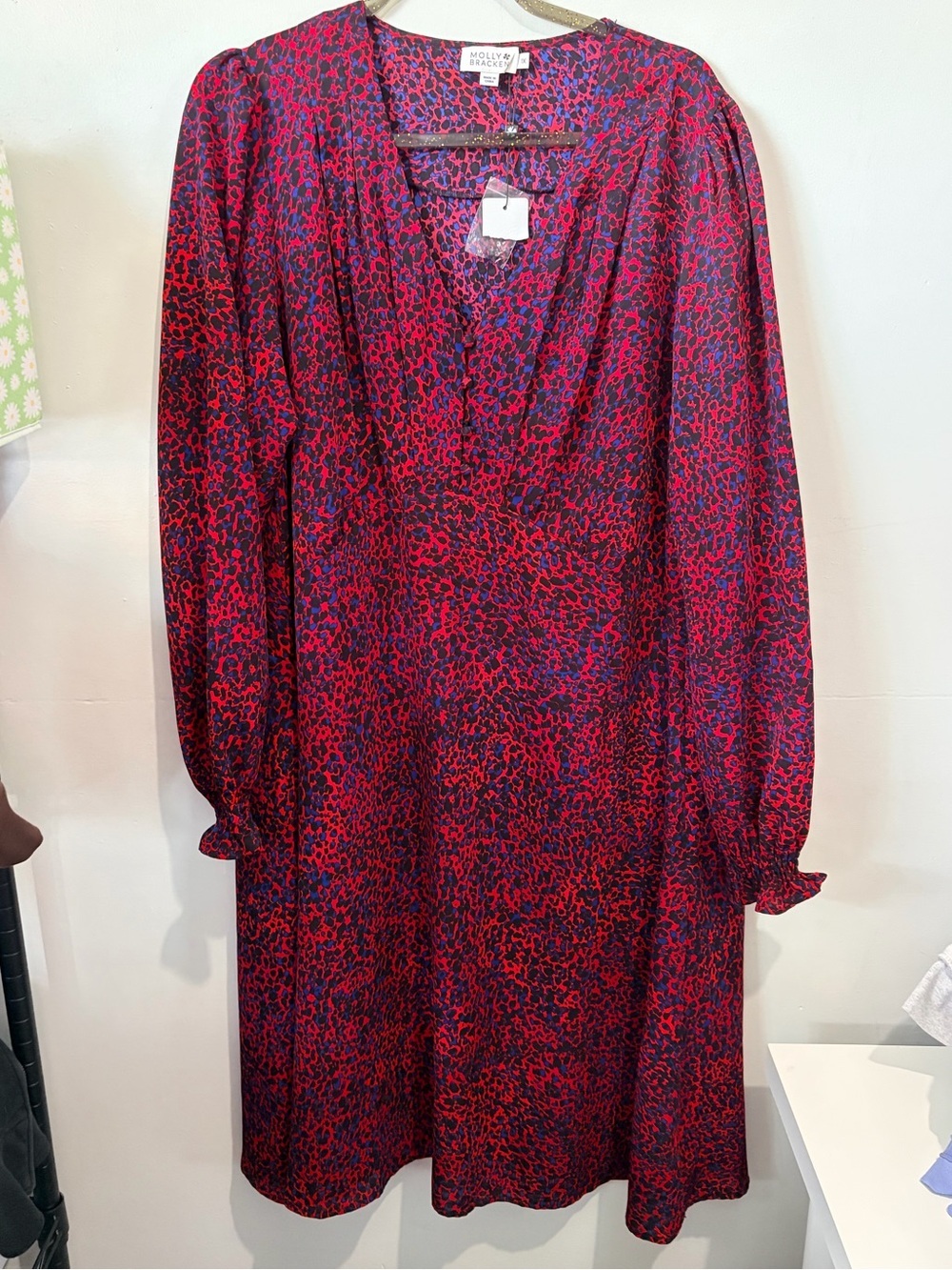 MOLLY BRACKEN Red & Blue Abstract Long Sleeve Midi Dress | 1X